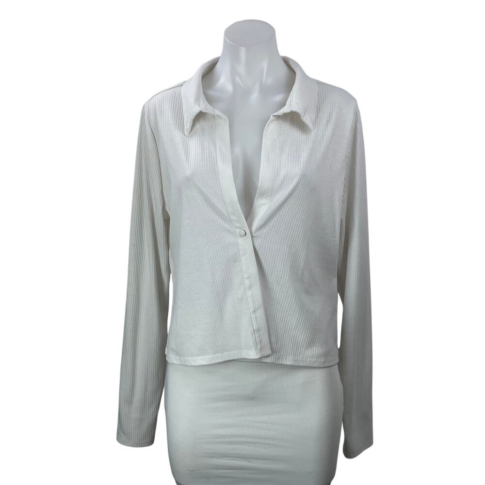 AFRM Women's White Ribbed Knit Collared Long Sleeve Button Shirt Top Size XL